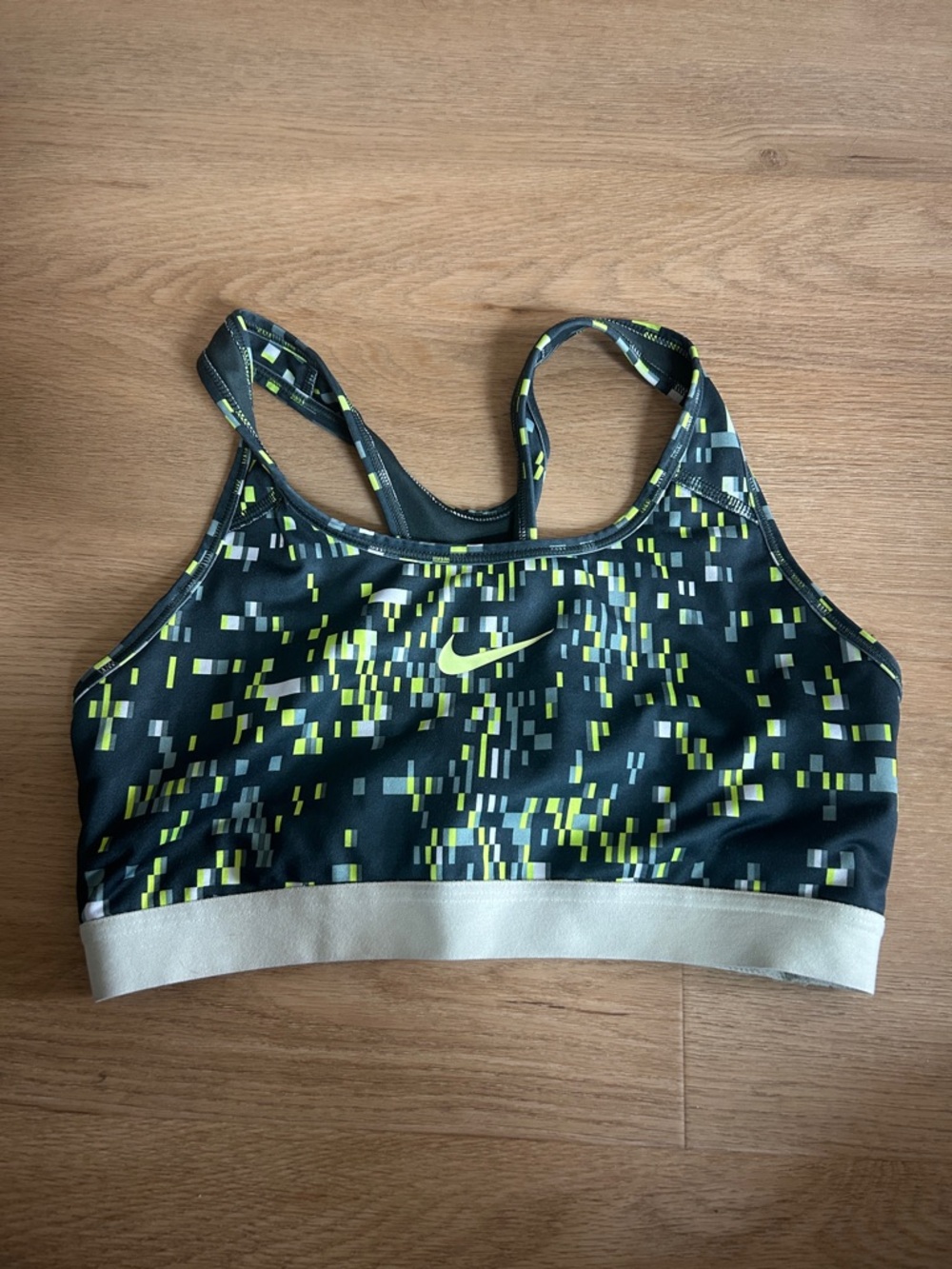 Nike Black Sports Bra with Neon Yellow & Gray Pixel Print